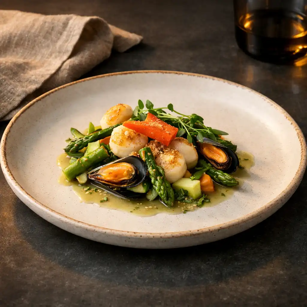 Refined seafood or vegetable dish presented on a handcrafted ceramic plate