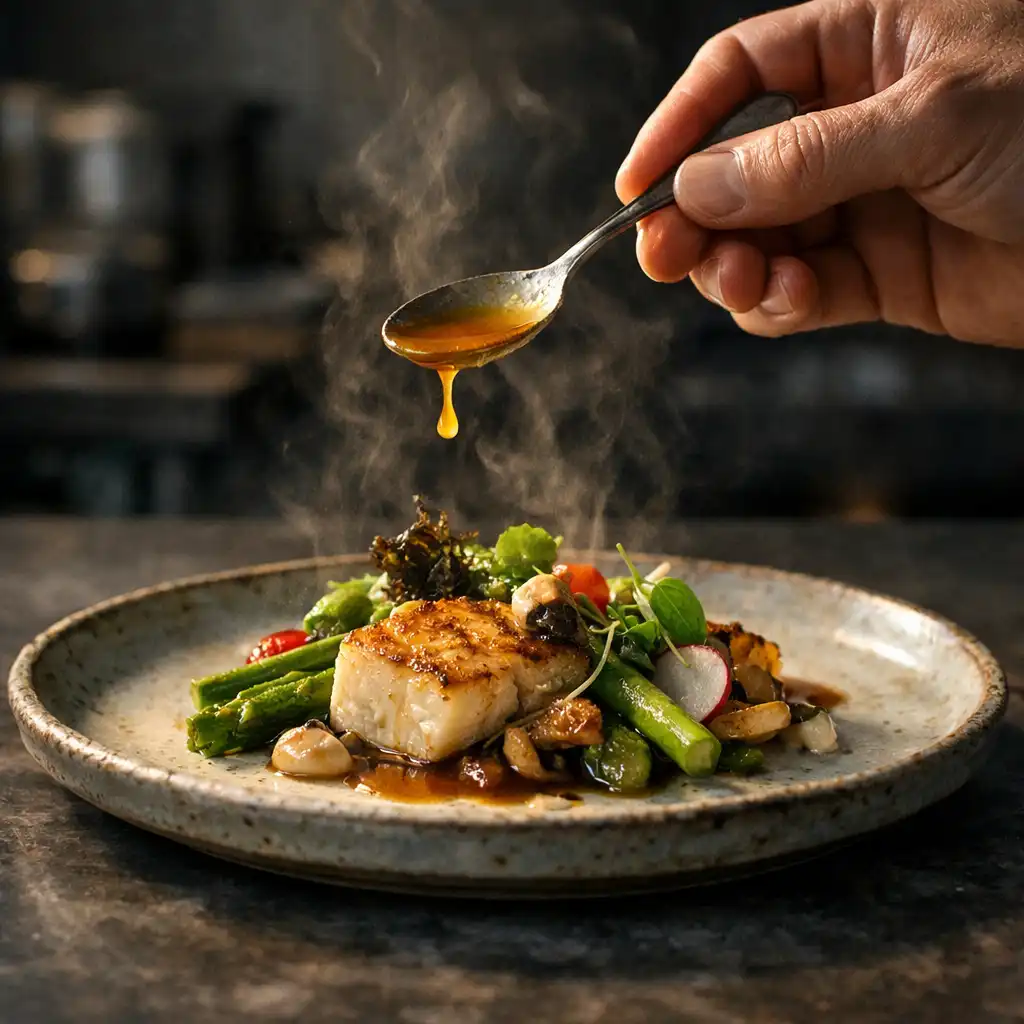 Chef adding a final sauce element to a ceramic plate at the pass