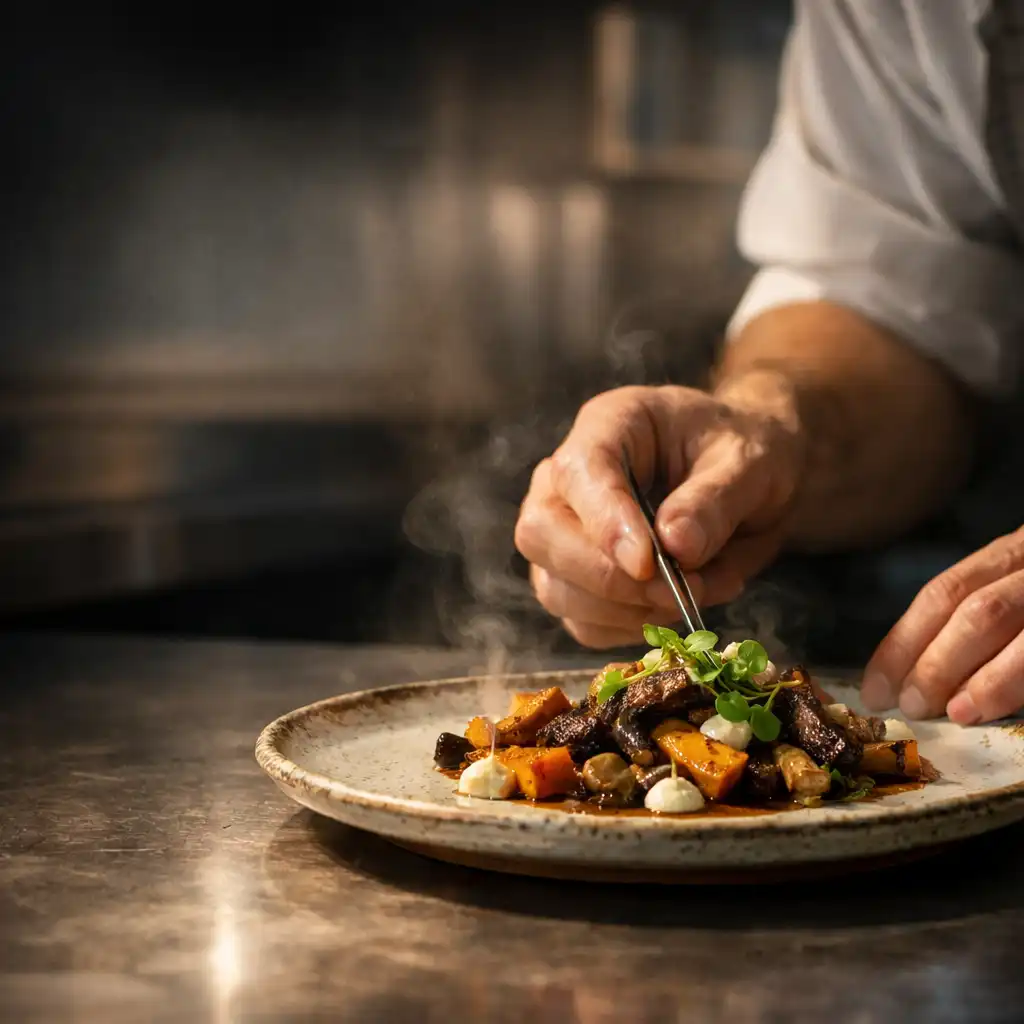 Chef’s hands finishing a seasonal plate on a handcrafted ceramic dish at the kitchen pass