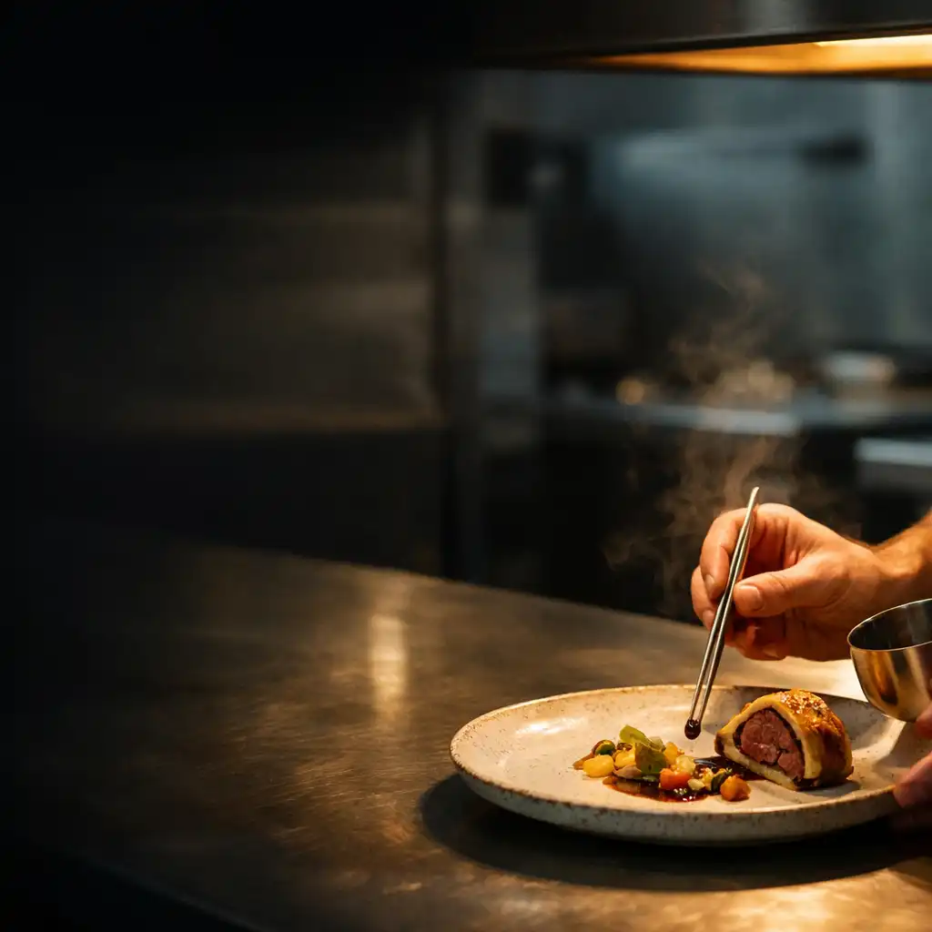 Chef’s hands finishing a refined plate at a restaurant pass with sauce and handmade ceramic