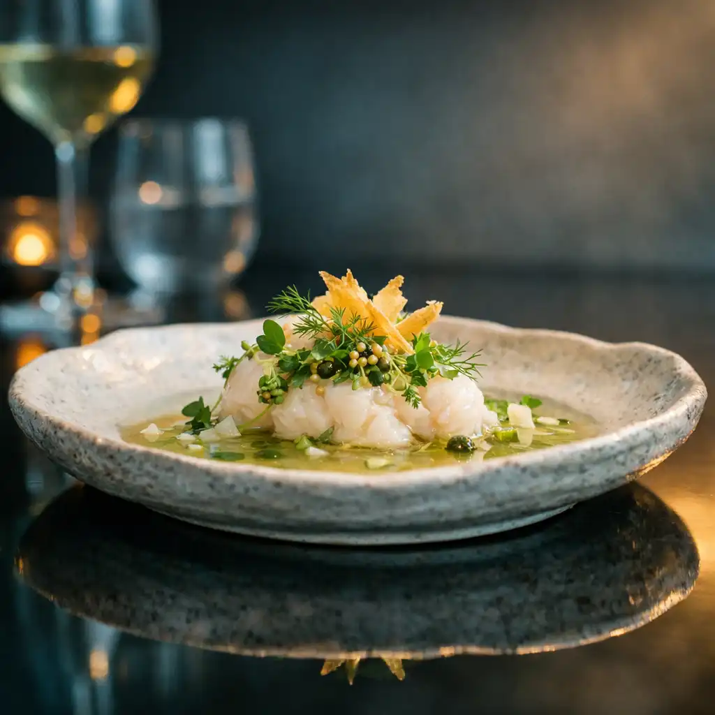 Composed seafood course with herbs and clear sauce on a sculptural handmade ceramic plate