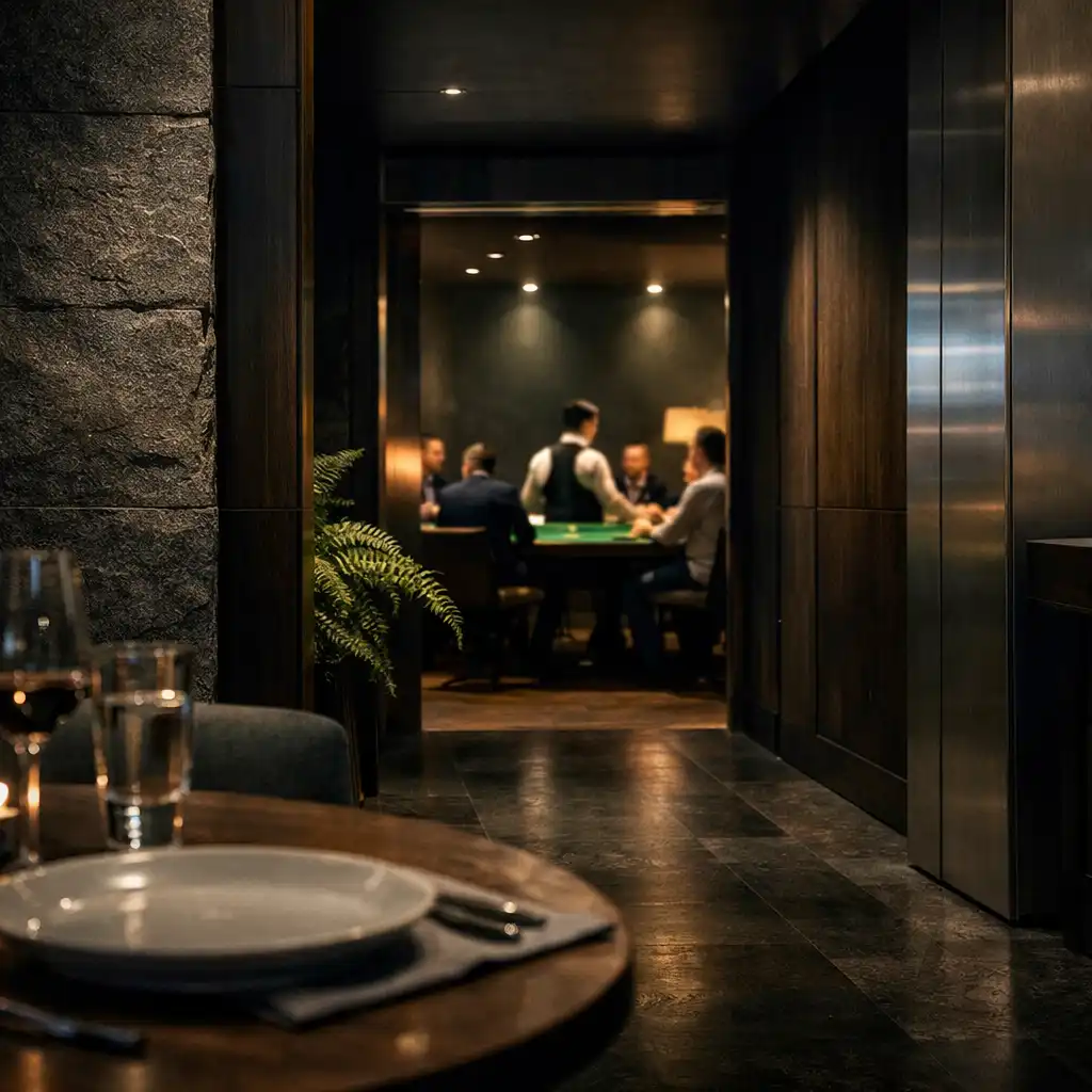 Evening panorama from the open kitchen through dining tables and lounge toward the physical casino room