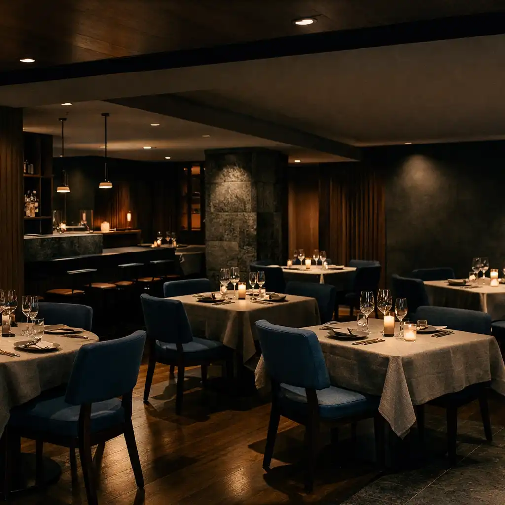 Evening dining room with flax-clothed tables, dark timber and warm directional light