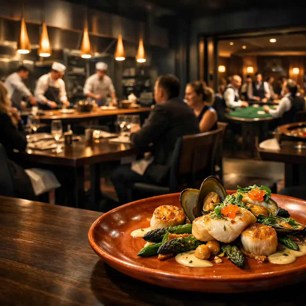 Plated seasonal seafood on handcrafted ceramicware leading through a Wellington dining room toward a separate physical casino room