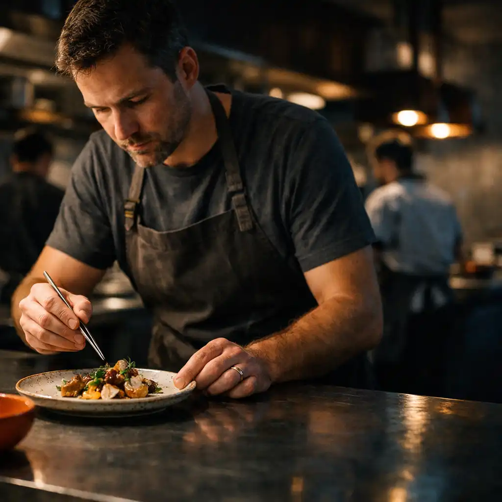 Chef adding a final garnish to a plated dish at an open restaurant kitchen pass