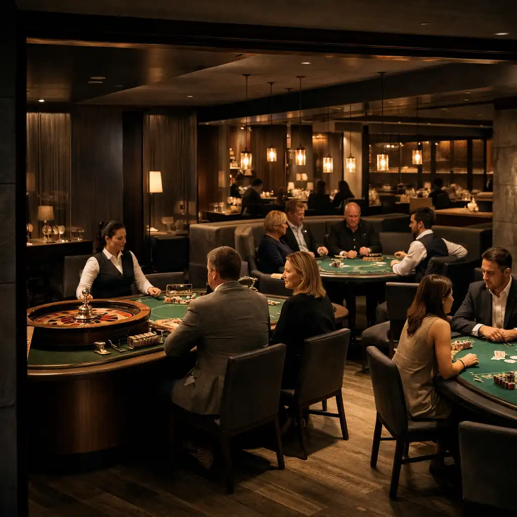 Adult guests and dealers at physical poker, roulette and blackjack tables in a restrained casino room