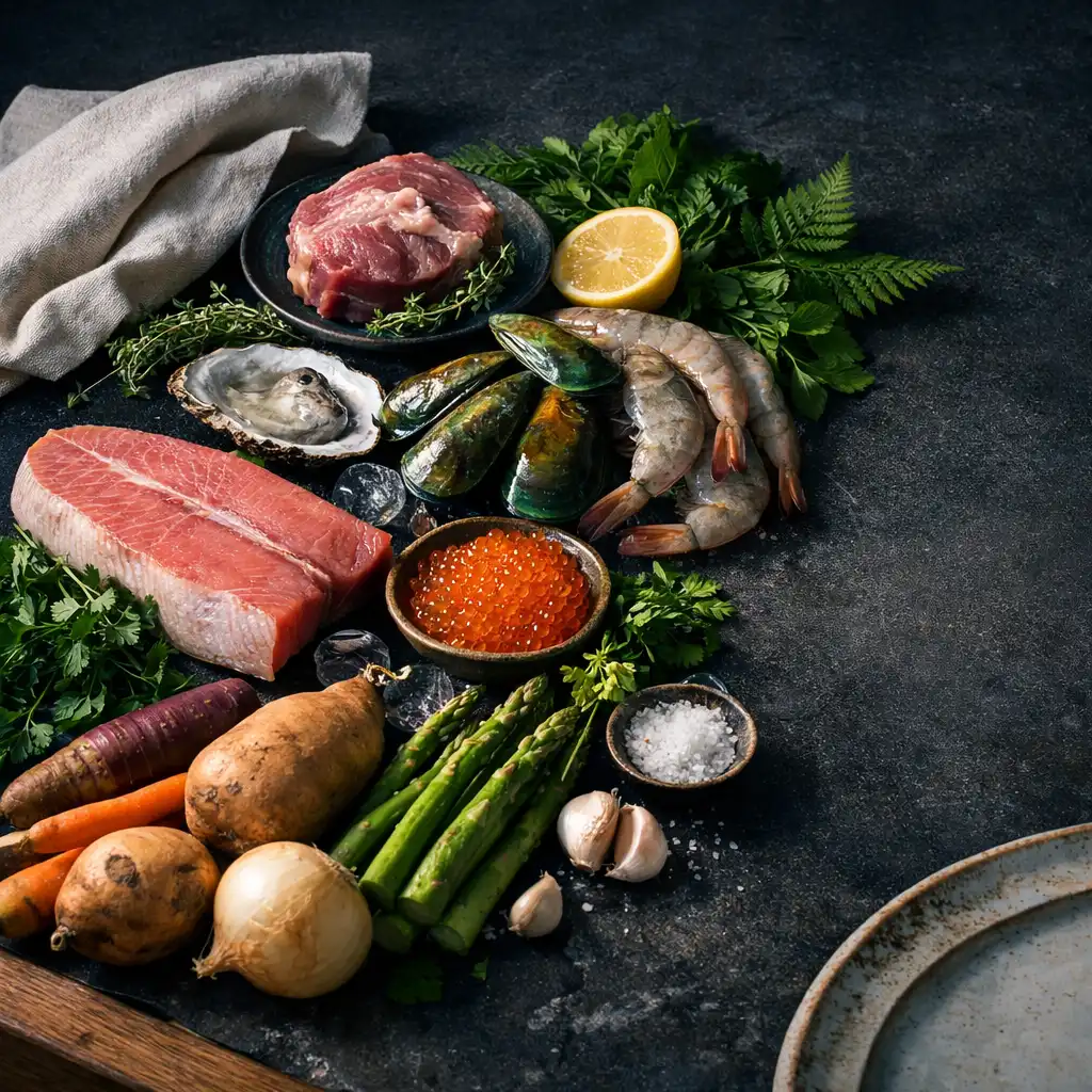 Seasonal seafood, leafy greens, root vegetables and herbs arranged with linen and a ceramic rim