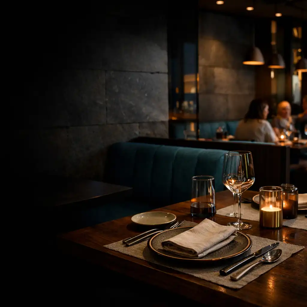 Evening dining room with dressed tables, harbour-blue upholstery and warm directional light