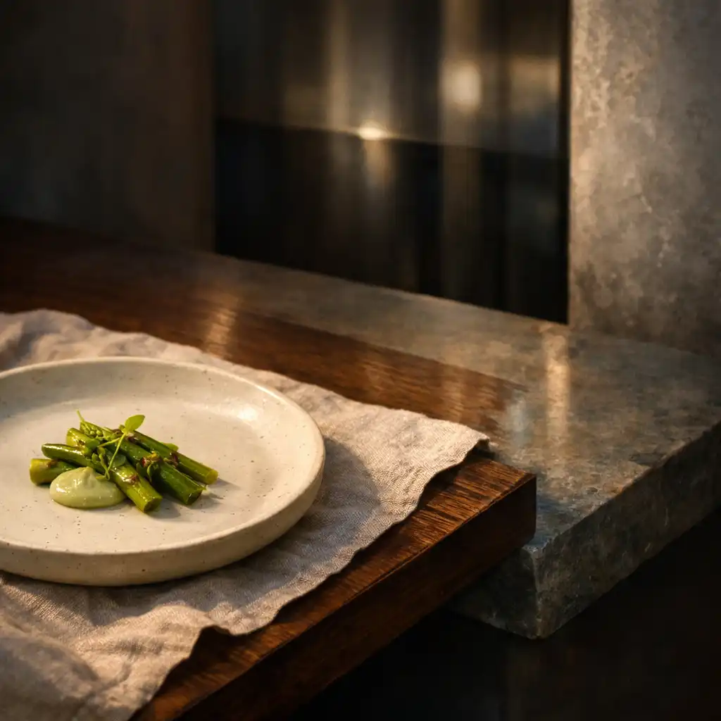 Handcrafted ceramic plate on flax linen beside dark timber and natural stone