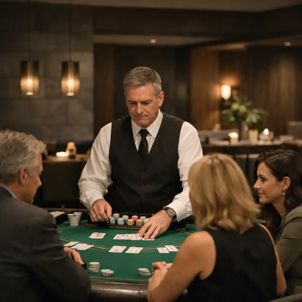 Adult dealer and guests seated face-to-face at a green-felt physical casino table with real cards