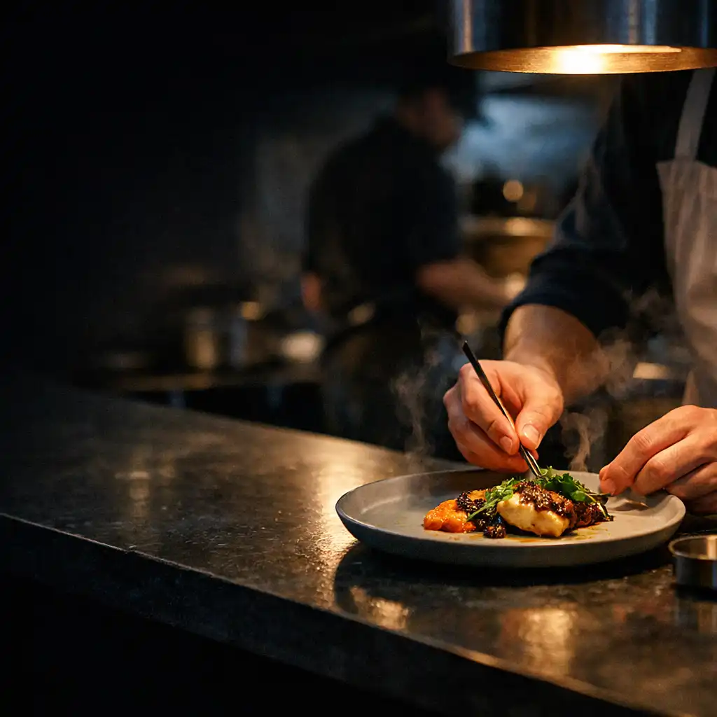 Chef finishing a ceramic plate at the evening pass