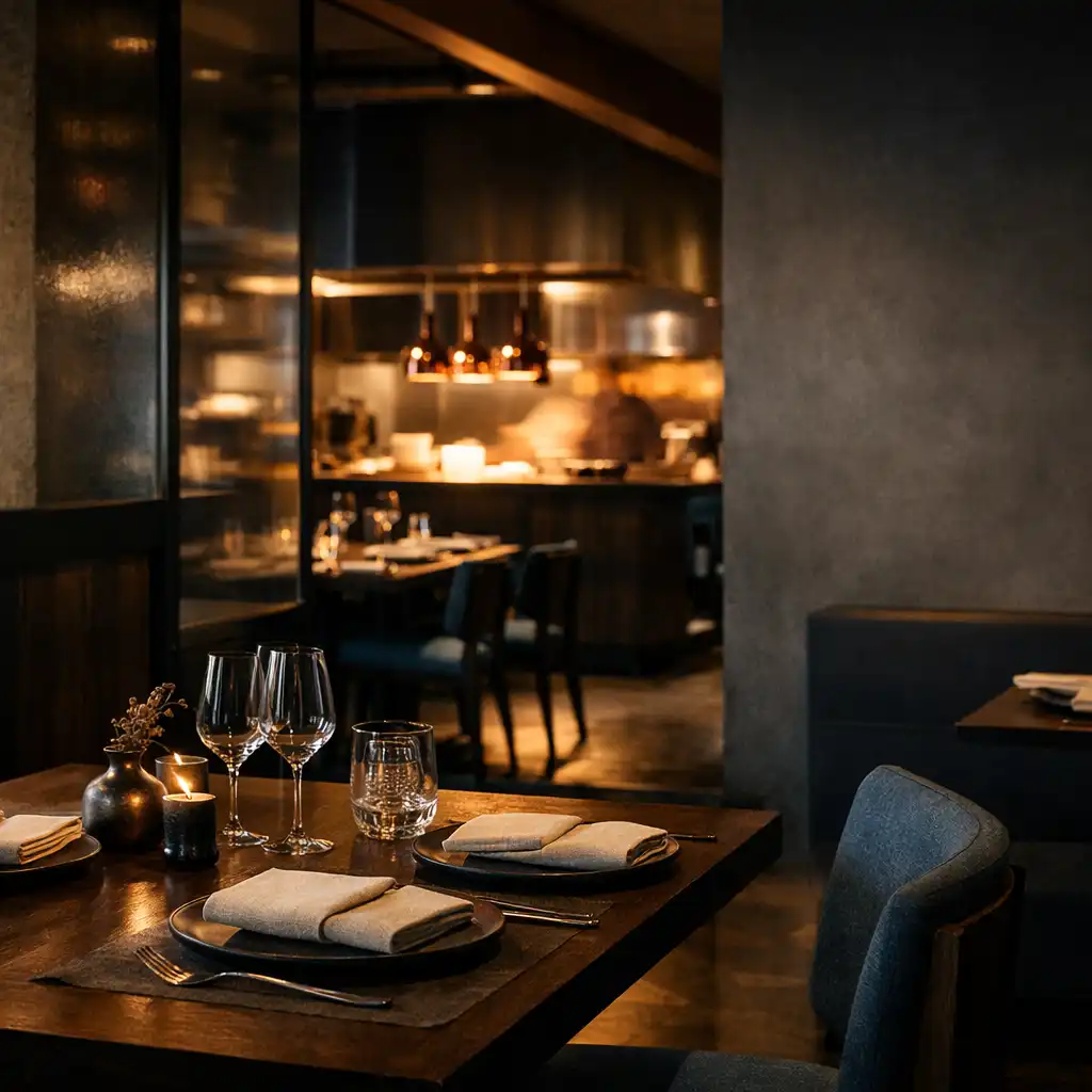 Evening dining room with a set table leading toward a softly lit kitchen