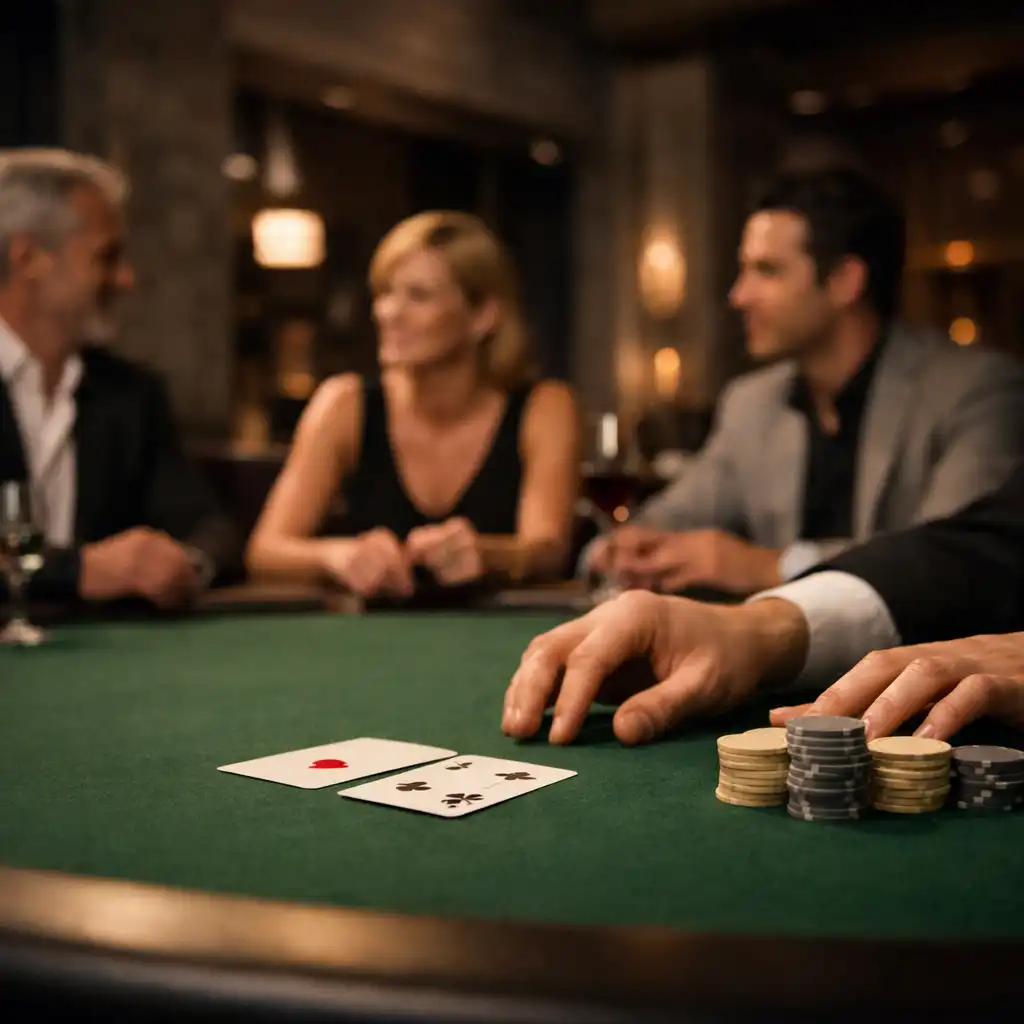A dealer’s hands with real playing cards on a green-felt table in the physical casino room at Taste & Plate