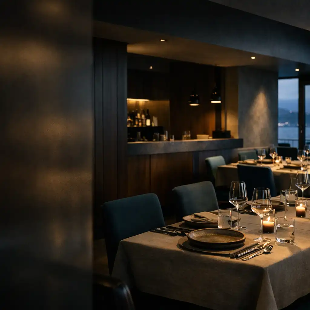 Set dining tables in Taste & Plate’s dark timber and graphite Wellington dining room