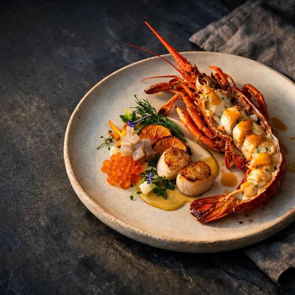 Refined coastal shellfish plate on pale handmade ceramic with flax linen and dark stone