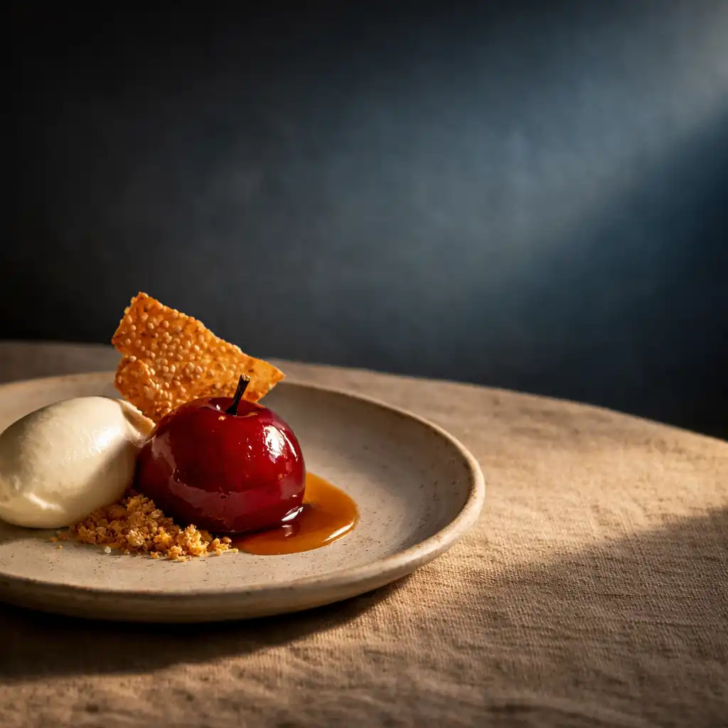 Contemporary seasonal dessert with cream, fruit-inspired detail and crisp texture on handmade ceramic