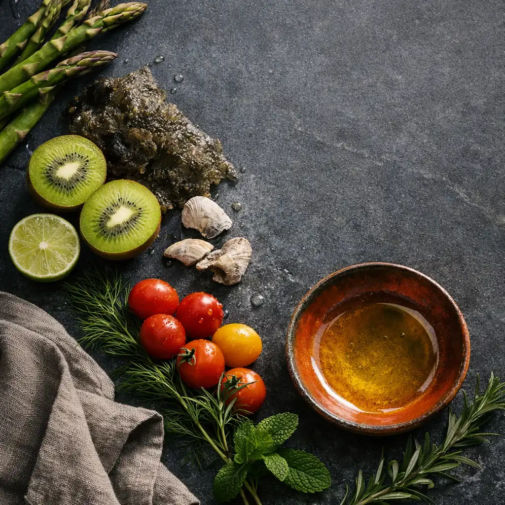 Seasonal ingredients, flax linen and a handmade burnt-mandarin ceramic dish on a graphite preparation surface