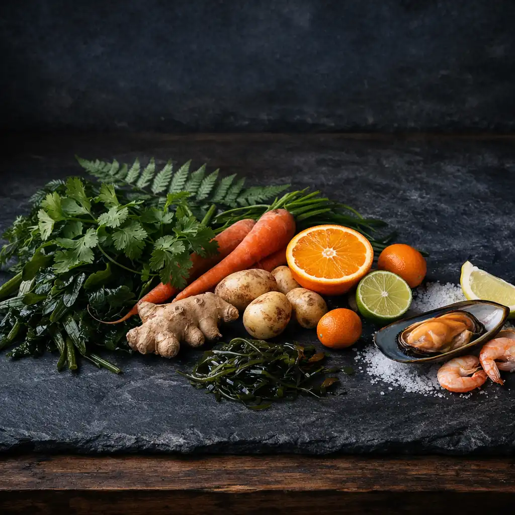 Seasonal culinary ingredients arranged on dark timber and textured graphite stone
