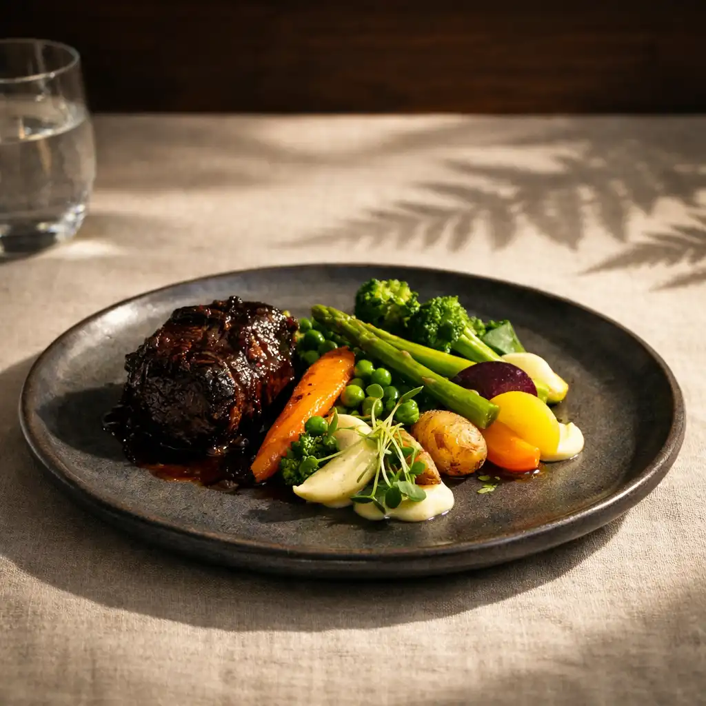 Composed main course with seasonal vegetables on a graphite-toned handcrafted ceramic plate