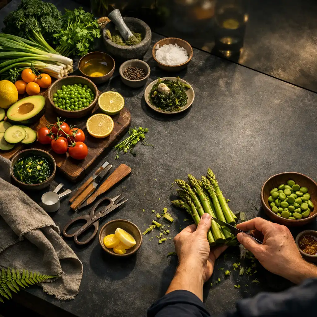 Seasonal produce and sea greens being prepared on a dark kitchen bench