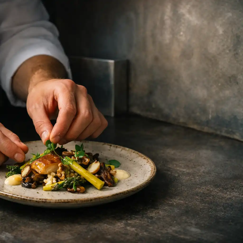 Chef hands completing the final arrangement on a refined ceramic restaurant plate