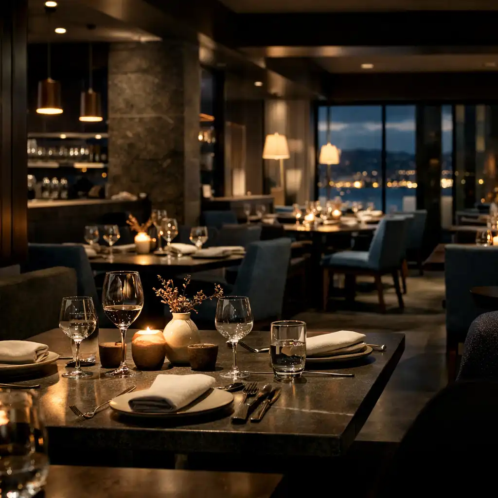 Evening dining room with set tables, dark timber, stone and smoked-glass reflections