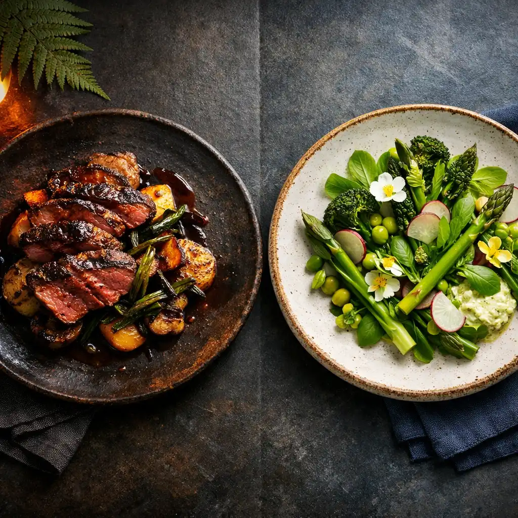 Dark-toned fire-led meat dish on handcrafted ceramic under warm evening light