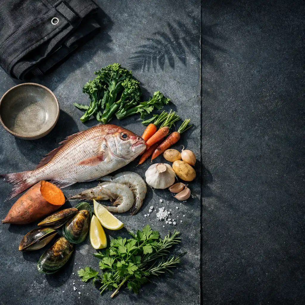 Seasonal ingredients and a ceramic bowl on a graphite stone preparation surface