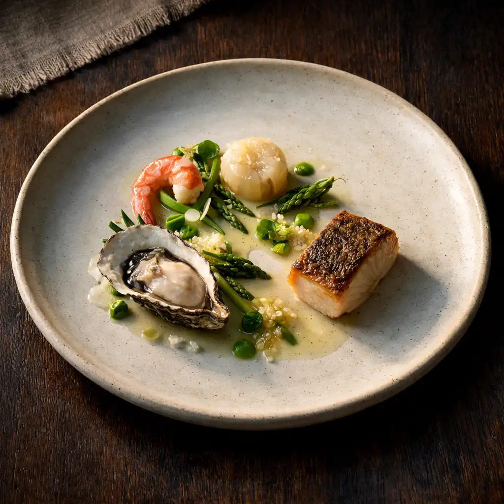 Seafood-focused contemporary plate presented on a handmade pale ceramic dish
