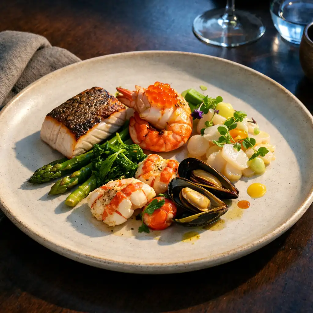 Refined seasonal seafood composition on a pale handcrafted ceramic plate with flax linen