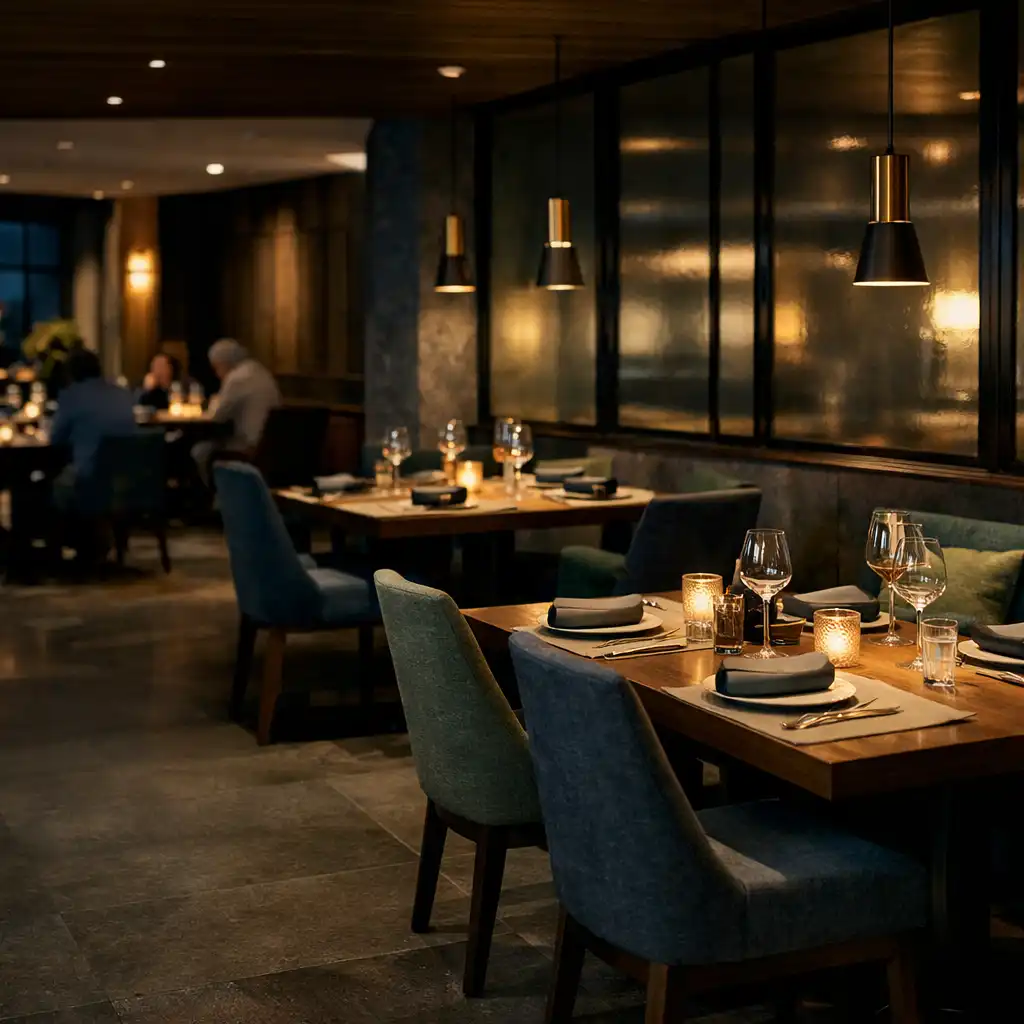 Set tables and warm architectural light in Taste & Plate’s sophisticated Wellington dining interior