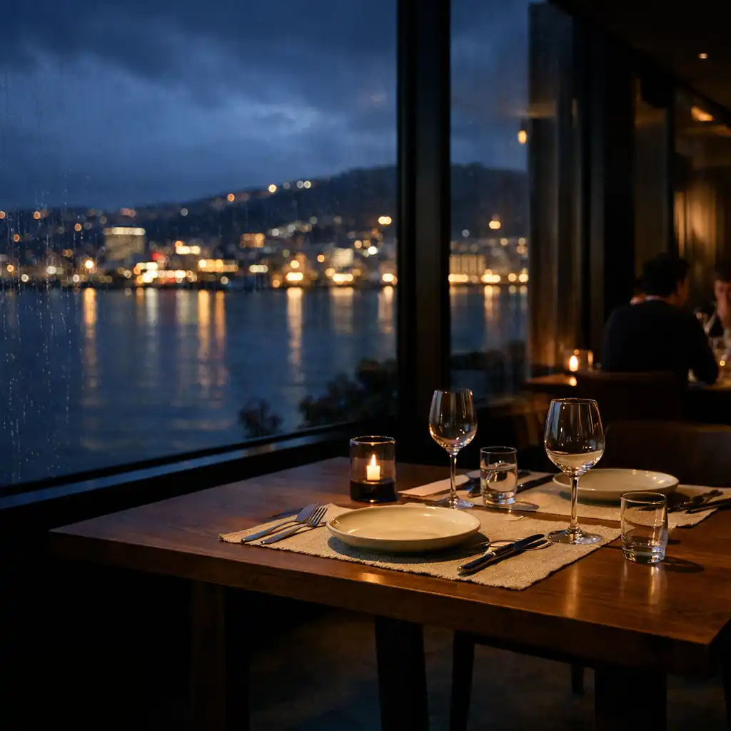 Timber dining table with pale ceramic plates beside a floor-to-ceiling window looking onto Wellington at night
